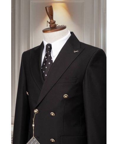 Czarny garnitur męski dwurzędowy Filippo – stylowy garnitur z metalowymi guzikami na wesele i bankiet