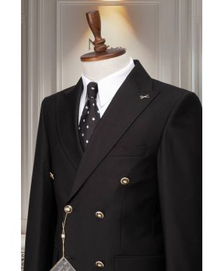 Czarny garnitur męski dwurzędowy Filippo – stylowy garnitur z metalowymi guzikami na wesele i bankiet