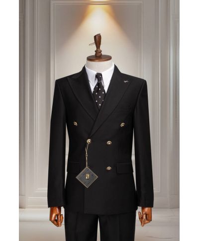 Czarny garnitur męski dwurzędowy Filippo – stylowy garnitur z metalowymi guzikami na wesele i bankiet