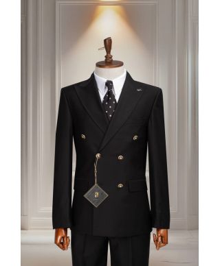 Czarny garnitur męski dwurzędowy Filippo – stylowy garnitur z metalowymi guzikami na wesele i bankiet