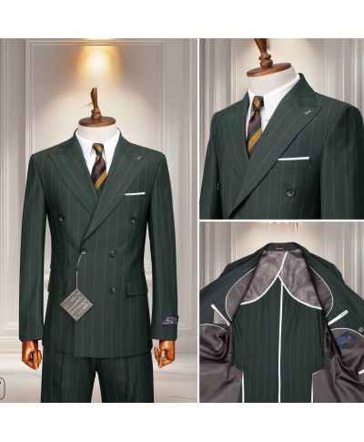 Męski zielony garnitur dwurzędowy w subtelne prążki – Botton Rouge edycja limitowana