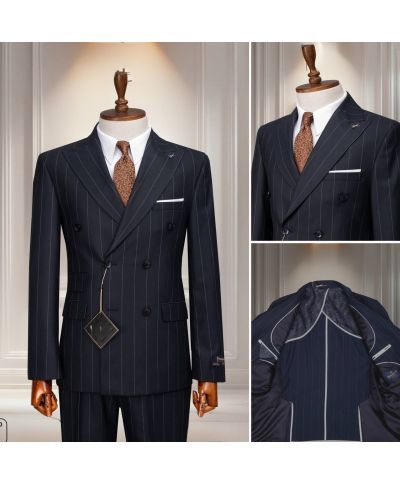 Granatowy garnitur dwurzędowy w prążki Santafe – Elegancki wybór na ważne okazje