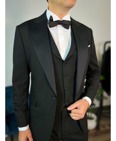 Elegancki smoking męski - Czarny - Kamizelka z szerokimi klapami – King