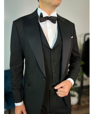 Elegancki smoking męski - Czarny - Kamizelka z szerokimi klapami – King