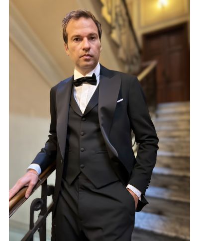 Elegancki smoking męski - Czarny - Kamizelka z szerokimi klapami – King