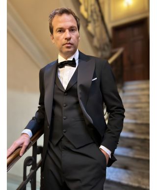 Elegancki smoking męski - Czarny - Kamizelka z szerokimi klapami – King