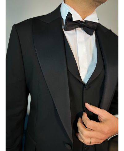 Elegancki smoking męski - Czarny - Kamizelka z szerokimi klapami – King