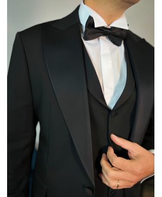 Elegancki smoking męski - Czarny - Kamizelka z szerokimi klapami – King