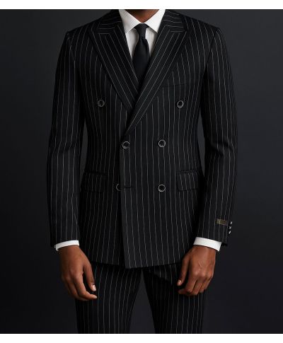 Czarny dwurzędowy garnitur o dopasowanym kroju - w białe paski – Model Bond