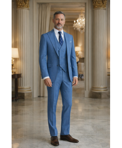 Garnitur męski niebieski z kamizelką dwurzędową Seattle –Elegancja na wesele i biznes