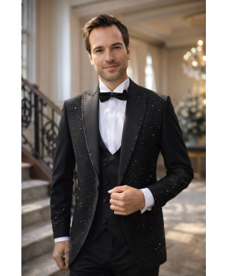 Ekskluzywny smoking czarny z błyszczącymi detalami - Elegancja, która podkreśla wyjątkowe chwile