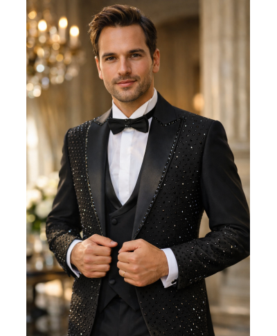 Ekskluzywny smoking czarny z błyszczącymi detalami - Elegancja, która podkreśla wyjątkowe chwile