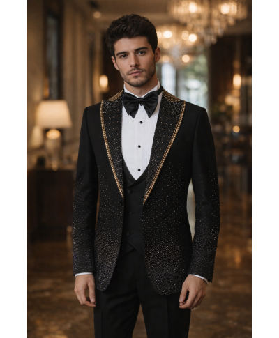 Ekskluzywny smoking New York zdobiony złotymi kryształami – Idealny na wielkie okazje