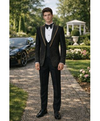 Ekskluzywny smoking New York zdobiony złotymi kryształami – Idealny na wielkie okazje