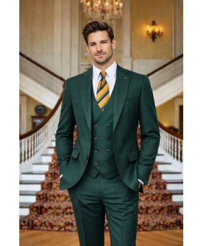Zielony garnitur męski z kamizelką dwurzędową Padania – idealny wybór na ślub, komunię i chrzest