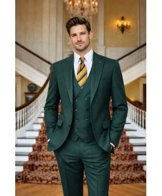Zielony garnitur męski z kamizelką dwurzędową Padania – idealny wybór na ślub, komunię i chrzest