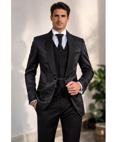 Czarny smoking 3-częściowy - Damasco – Ekskluzywny wybór dla pana młodego
