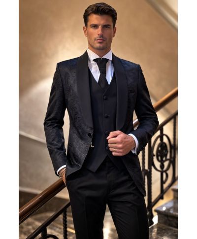 Czarny smoking 3-częściowy - Damasco – Ekskluzywny wybór dla pana młodego