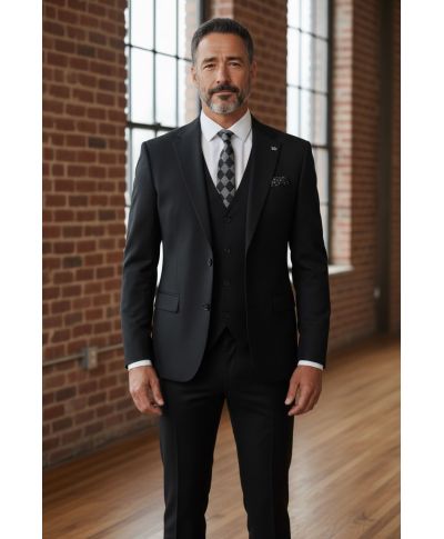 Garnitur męski czarny – z kamizelką – Cristofer