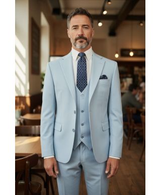 Garnitur męski trzyczęściowy – Błękitny – Slim fit – Model Joe, tkanina premium