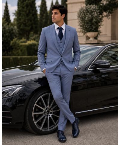 Garnitur męski trzyczęściowy – Błękitny – Slim fit – Model Joe, tkanina premium