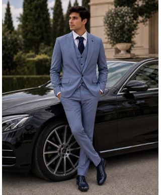 Garnitur męski trzyczęściowy – Błękitny – Slim fit – Model Joe, tkanina premium