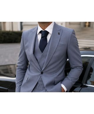 Garnitur męski trzyczęściowy – Błękitny – Slim fit – Model Joe, tkanina premium