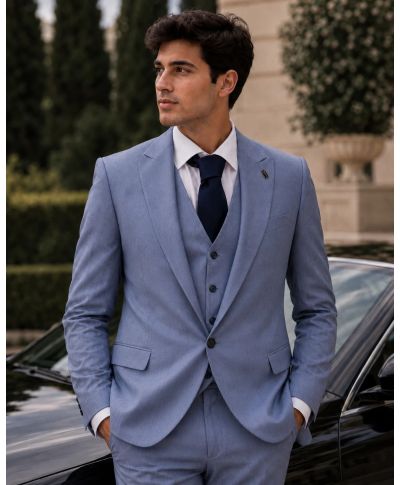 Garnitur męski trzyczęściowy – Błękitny – Slim fit – Model Joe, tkanina premium