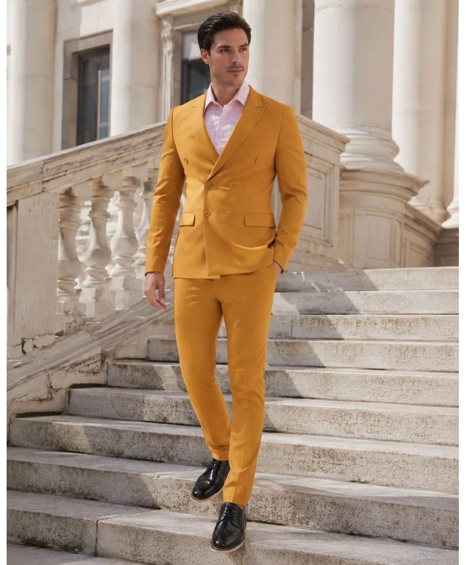 Musztardowy garnitur męski dwurzędowy Hestan – slim fit - gogolfun.it