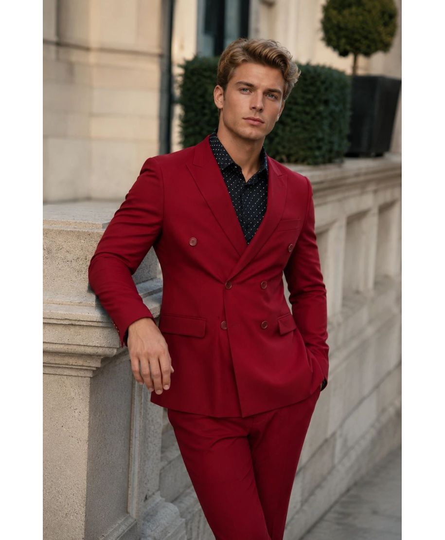 Męski garnitur w kolorze czerwonym – Dwurzędowa marynarka - slim fit - Hestan - gogolfun.pl