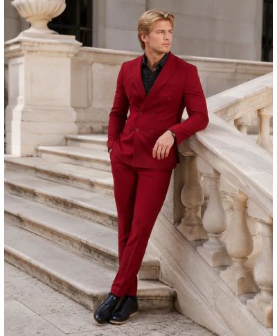 Męski garnitur w kolorze czerwonym – Dwurzędowa marynarka - slim fit - Hestan - gogolfun.pl