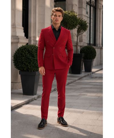 Męski garnitur w kolorze czerwonym – Dwurzędowa marynarka - slim fit - Hestan - gogolfun.pl