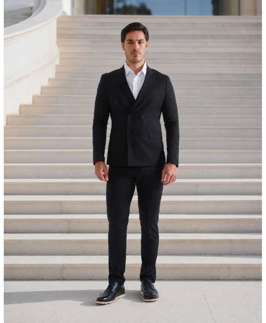 Czarny garnitur męski  dwurzędowy – Nowoczesna elegancja slim fit  - Hestan  - gogolfun.pl