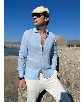 Camicia di lino, celeste  - Maniche lunghe - Key Jey