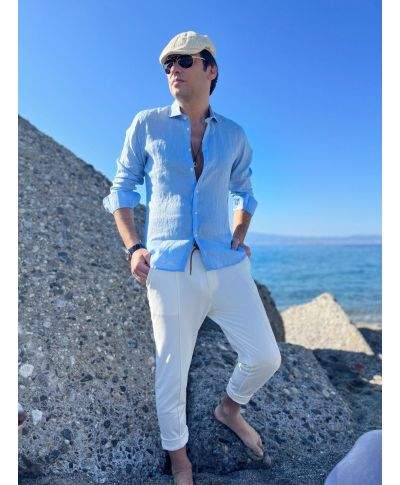 Camicia di lino, celeste  - Maniche lunghe - Key Jey