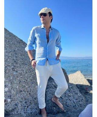 Camicia di lino, celeste  - Maniche lunghe - Key Jey