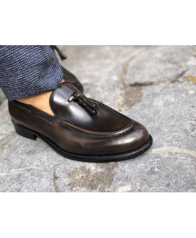 Buty męskie, brązowe - Ozdobne frędzle -Tassel Loafers - Made in Italy