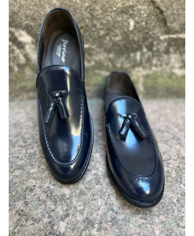 Mokasyny męskie, skórzane - Tassel Loafers - Niebieskie - Made in Italy