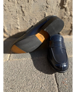 Mokasyny męskie, skórzane - Niebieskie - Penny Loafers - Made in Italy