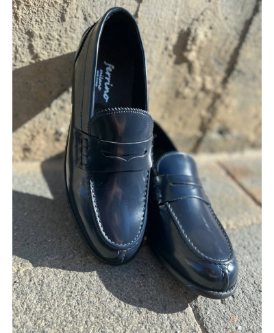 Mokasyny męskie, skórzane - Niebieskie - Penny Loafers - Made in Italy