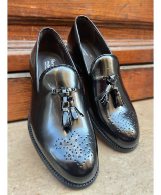 Mokasyny męskie, skórzane - Czarne - Tassel loafer - Made in Italy