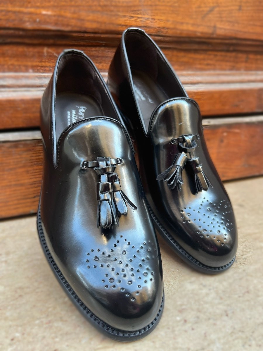 Mokasyny męskie, skórzane - Czarne - Tassel loafer - Made in Italy