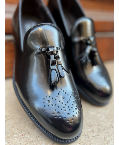 Mokasyny męskie, skórzane - Czarne - Tassel loafer - Made in Italy