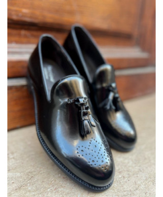 Mokasyny męskie, skórzane - Czarne - Tassel loafer - Made in Italy