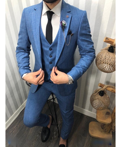 Abito da uomo elegante - Blu a quadretti - Gilet doppiopetto