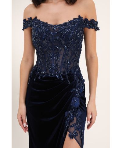 Abito da sera elegante – Lungo - Corsetto decorato con guipure - Blu