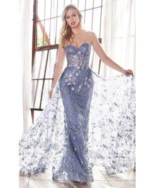 Abito da sera, elegante - modello sirena - con coda - colore azzurro