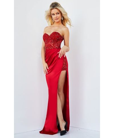 Abito da sera, lungo – Rosso - Corsetto in pizzo  - spacco profondo