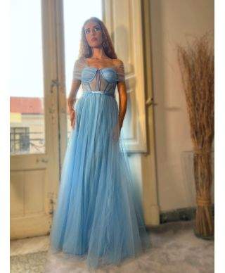 Vestito lungo elegante, azzurro - In tulle