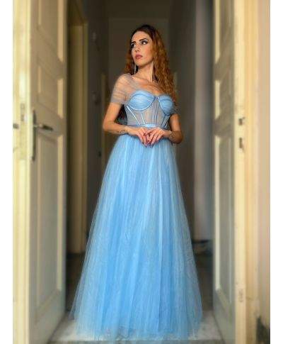 Vestito lungo elegante, azzurro - In tulle